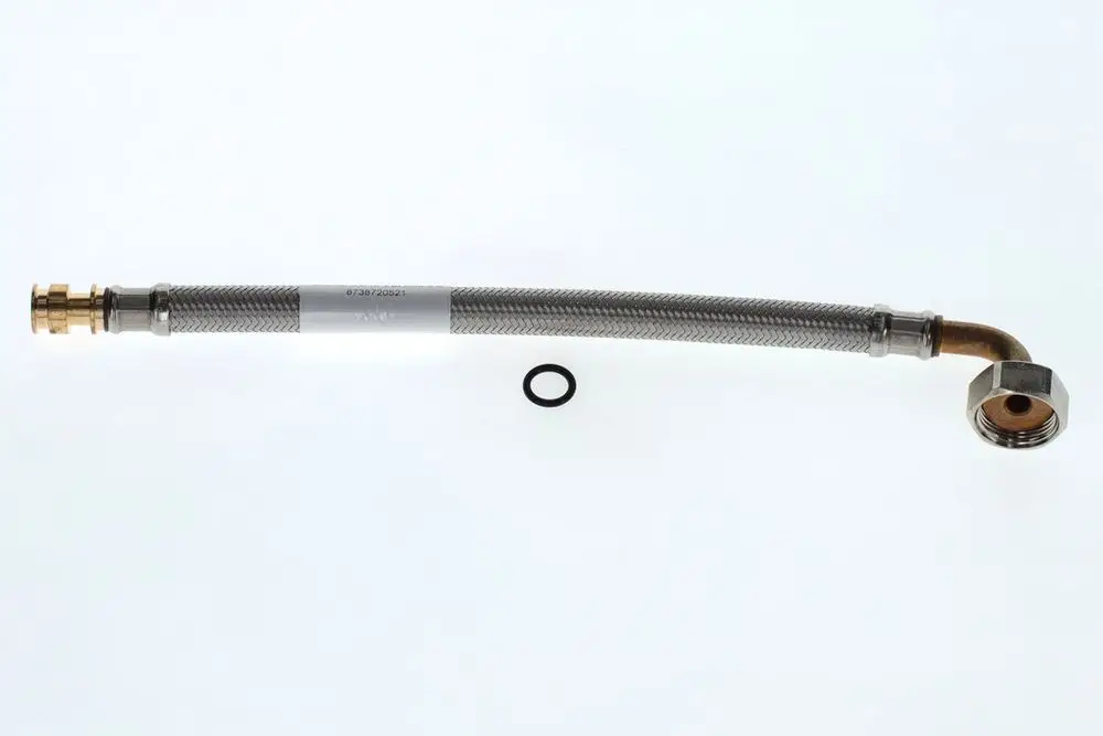 BOSCH Schlauch mit zwei verschiedenen Anschlüssen, einem geraden und einem abgewinkelten Ende, in metallischem Design, umfasst einen O-Ring.